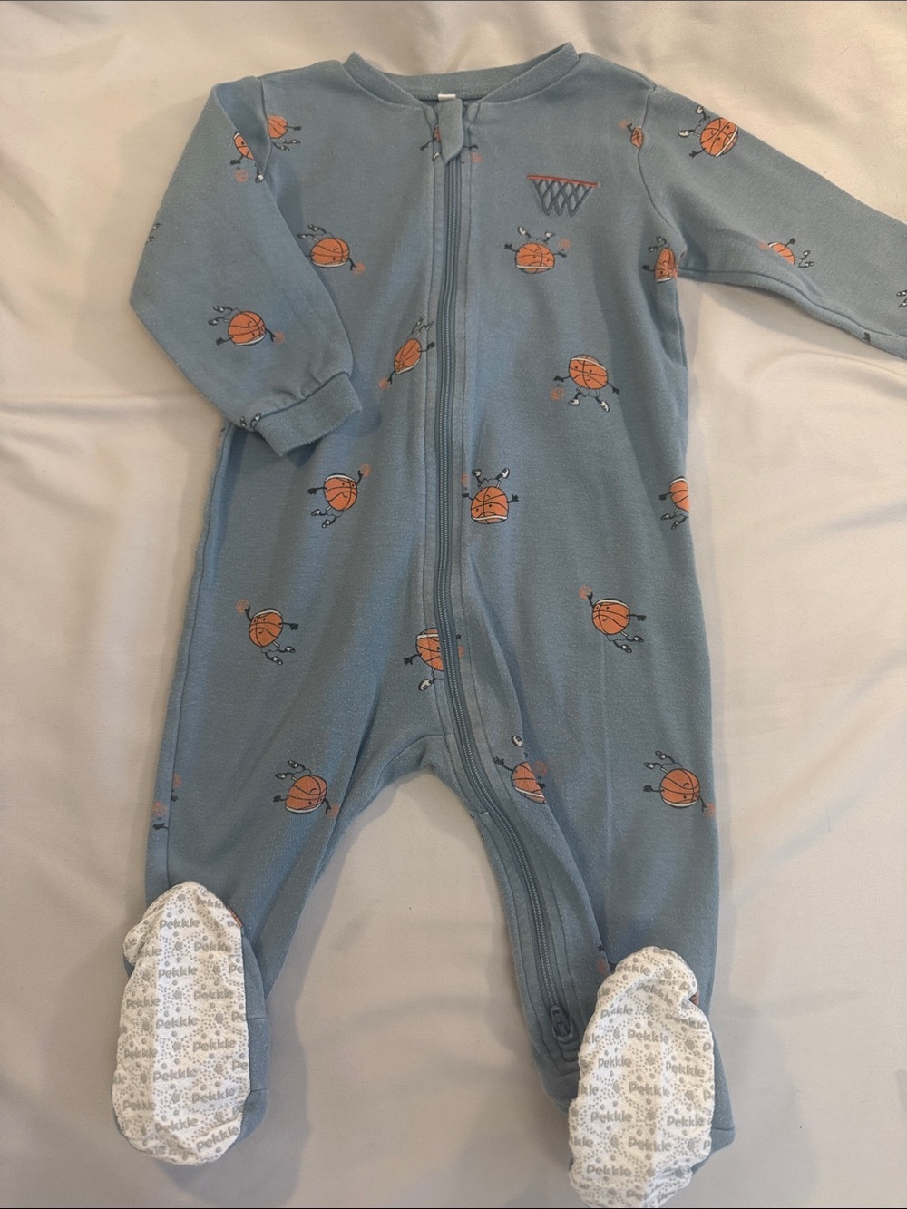 Blue Basketball-Print Footed Baby Pajamas with Orange Accents